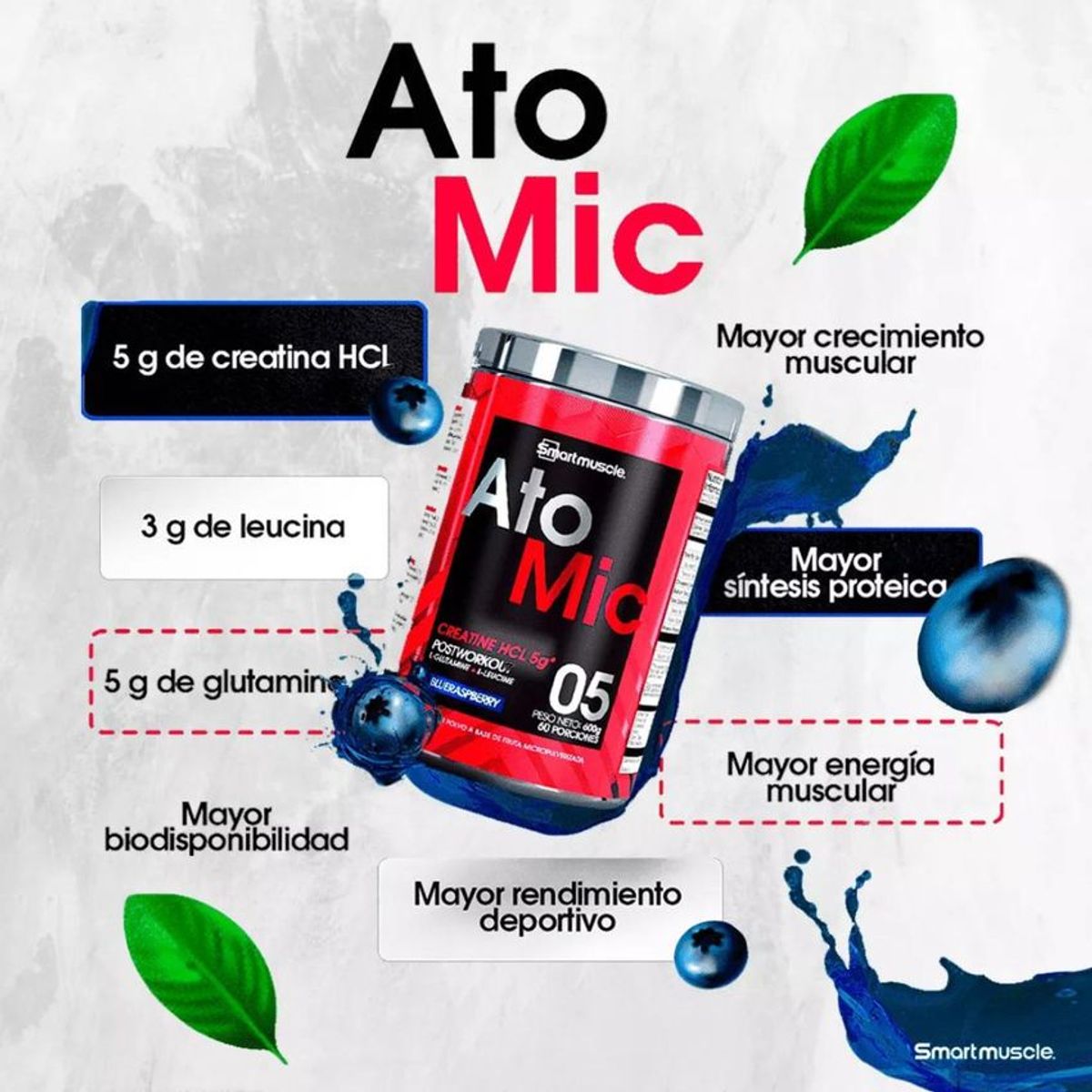 MUSCLEMEDS - Atomic creatina hcl 5gr 600gr smartmuscle -  Sabor Bluerasperry