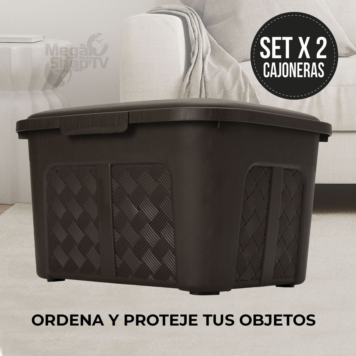 ENERGY PLUS - Set x2 Cajoneras o cajas plásticas organizadoras con tapa 10L Café