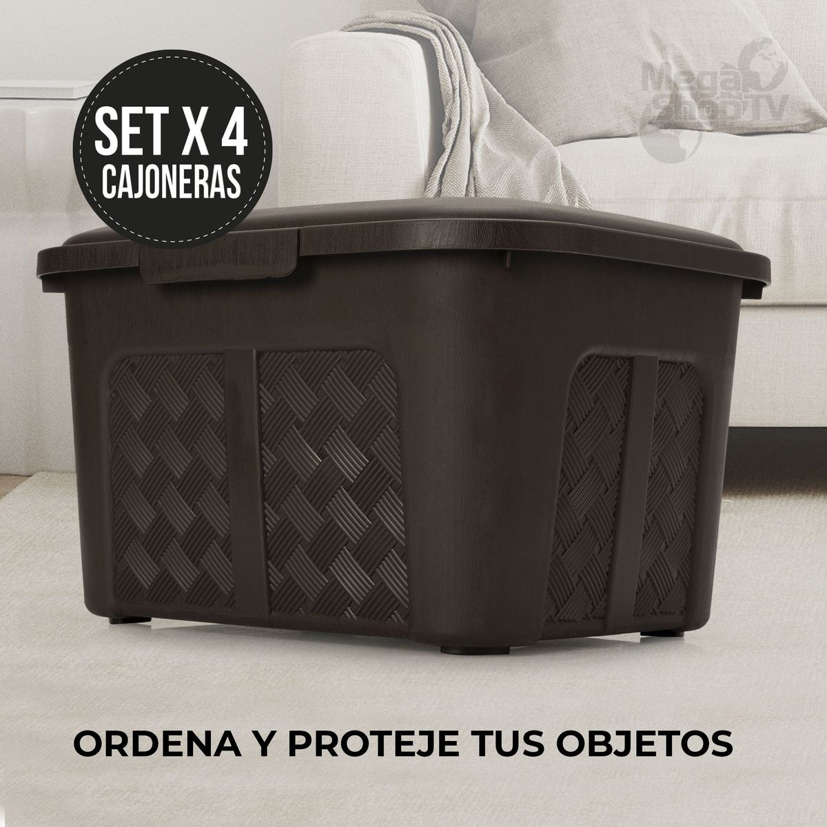 ENERGY PLUS - Set x4 Cajoneras o cajas plásticas organizadoras con tapa 10L Café
