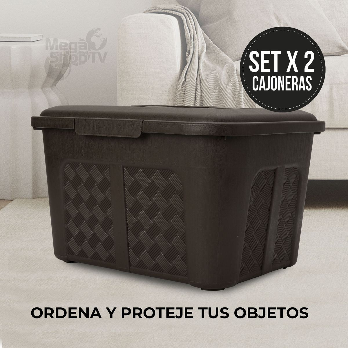 ENERGY PLUS - Set x2 Cajoneras o cajas plásticas organizadoras con tapa 15L Café