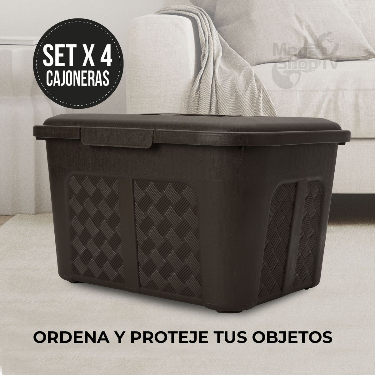 ENERGY PLUS - Set x4 Cajoneras o cajas plásticas organizadoras con tapa 15L Café