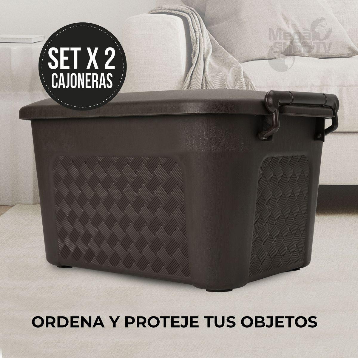 ENERGY PLUS - Set x2 Cajoneras grandes plásticas organizadoras con tapa 40L Café