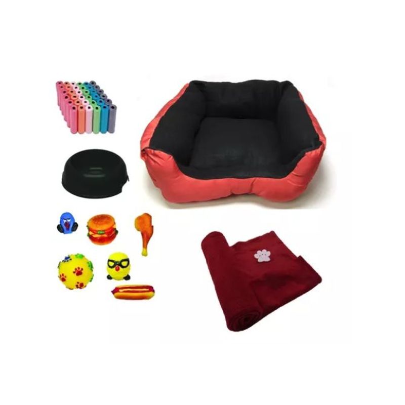 HALLY PET - Cama Mediana impermeable  cobija  bolsa  dos juguetes comedero Rojo.