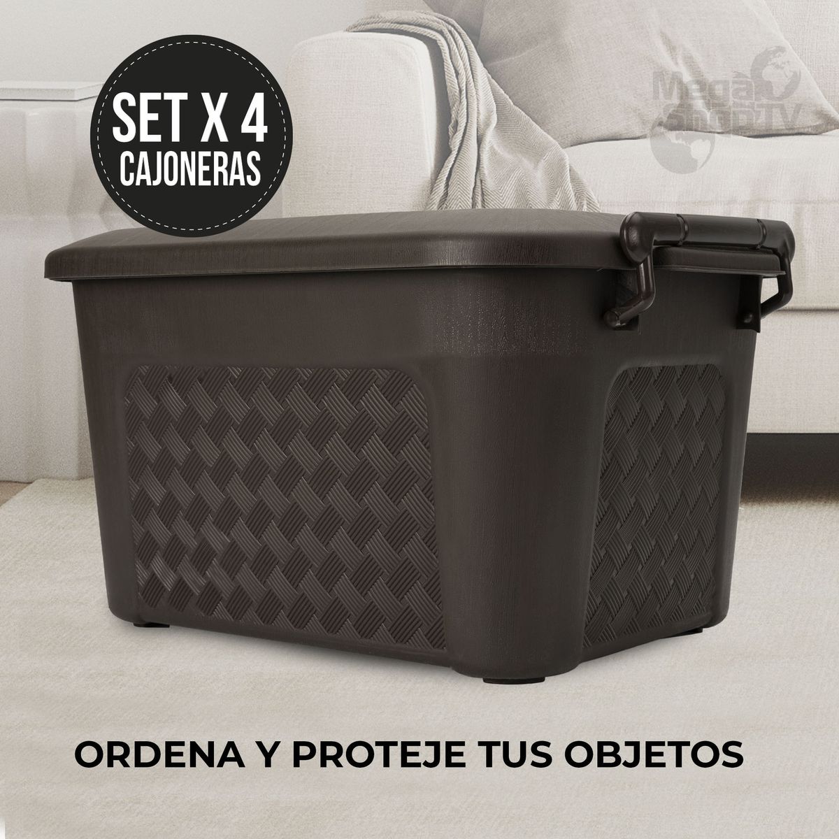 ENERGY PLUS - Set x4 Cajoneras grandes plásticas organizadoras con tapa 40L Café