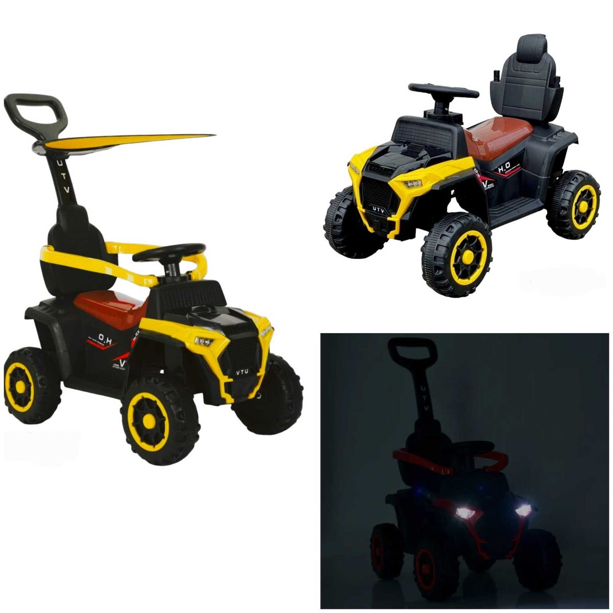 GENERICO - Carro Montable- Paseador Electrico 6v 4 en 1 UTV Todo Terreno Parasol Luces LED, Musica y Bluetooth