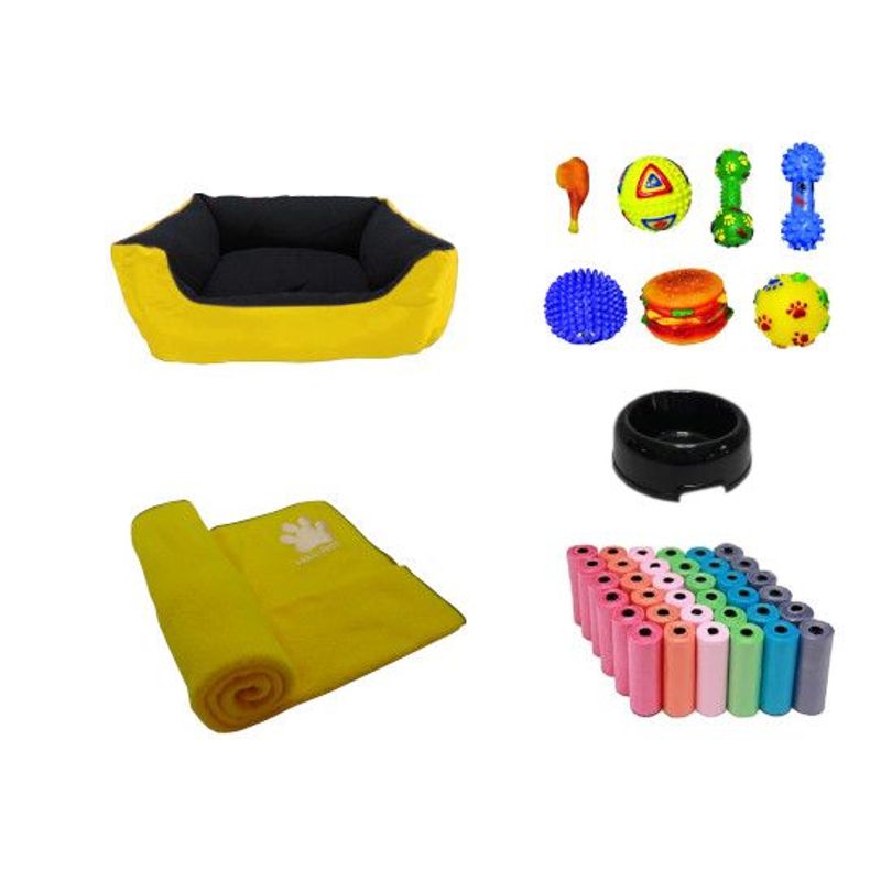 HALLY PET - Cama Mediana impermeable  cobija  bolsa  dos juguetes comedero Amarillo.