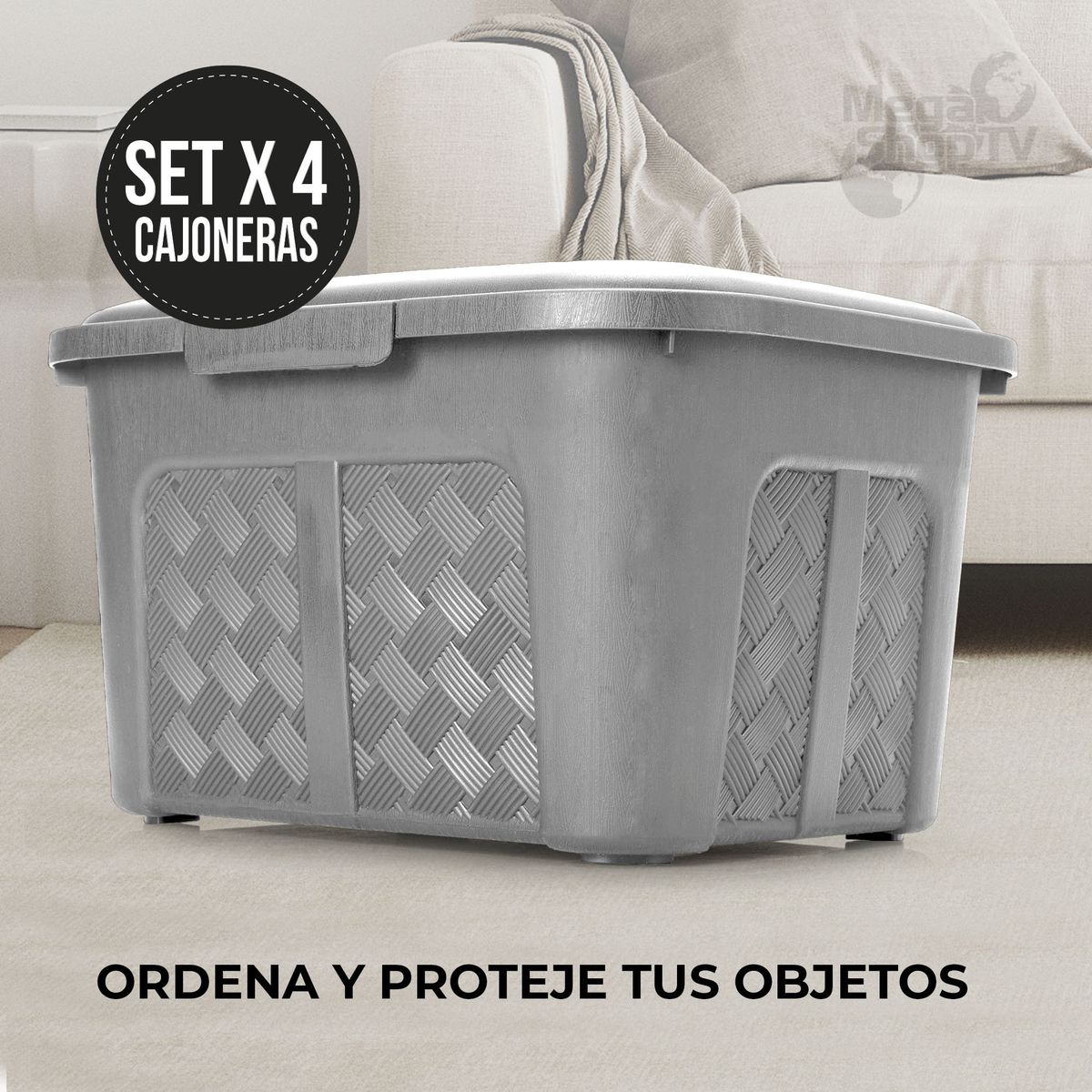 ENERGY PLUS - Set x4 Cajoneras o cajas plásticas organizadoras con tapa 10L Gris