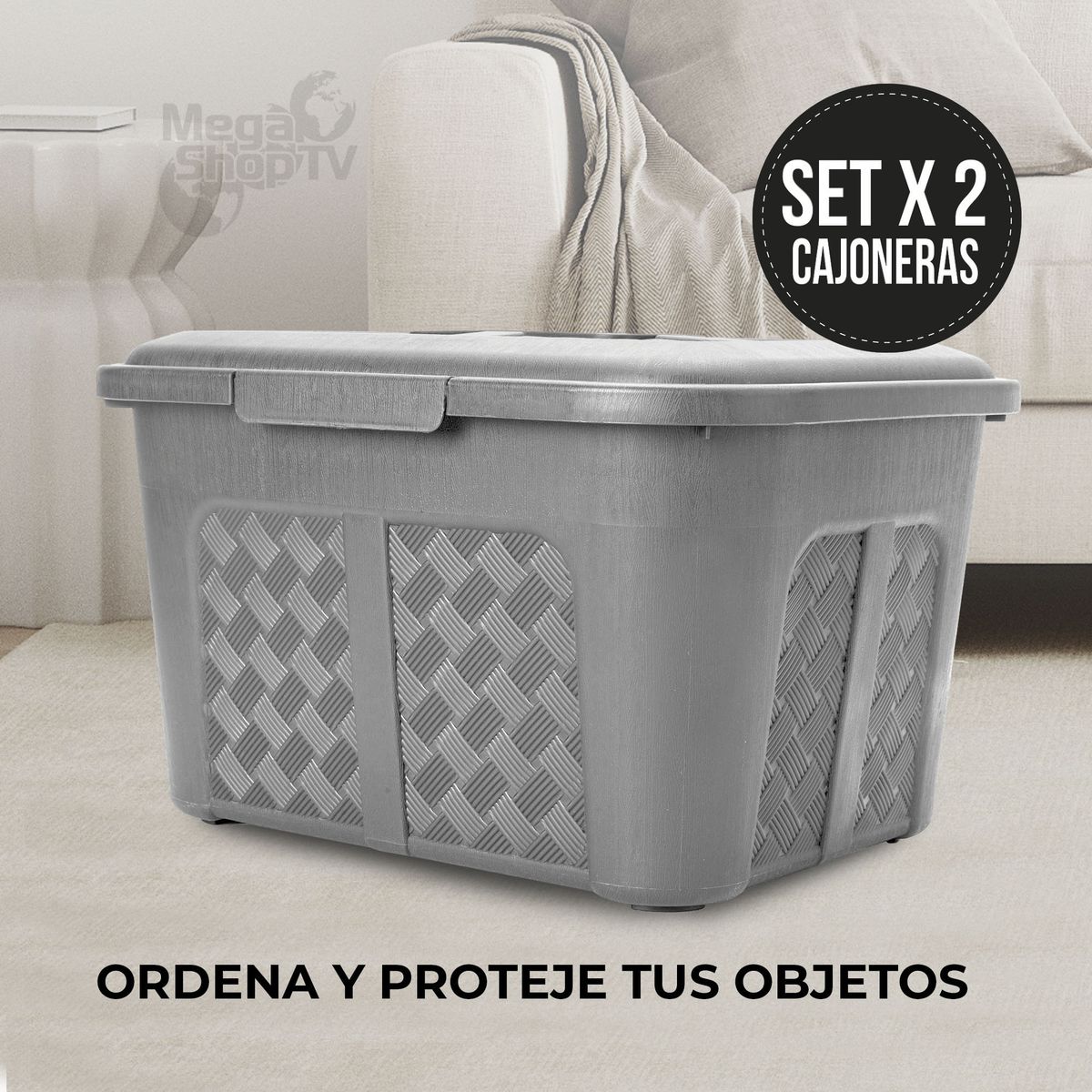 ENERGY PLUS - Set x2 Cajoneras o cajas plásticas organizadoras con tapa 15L Gris