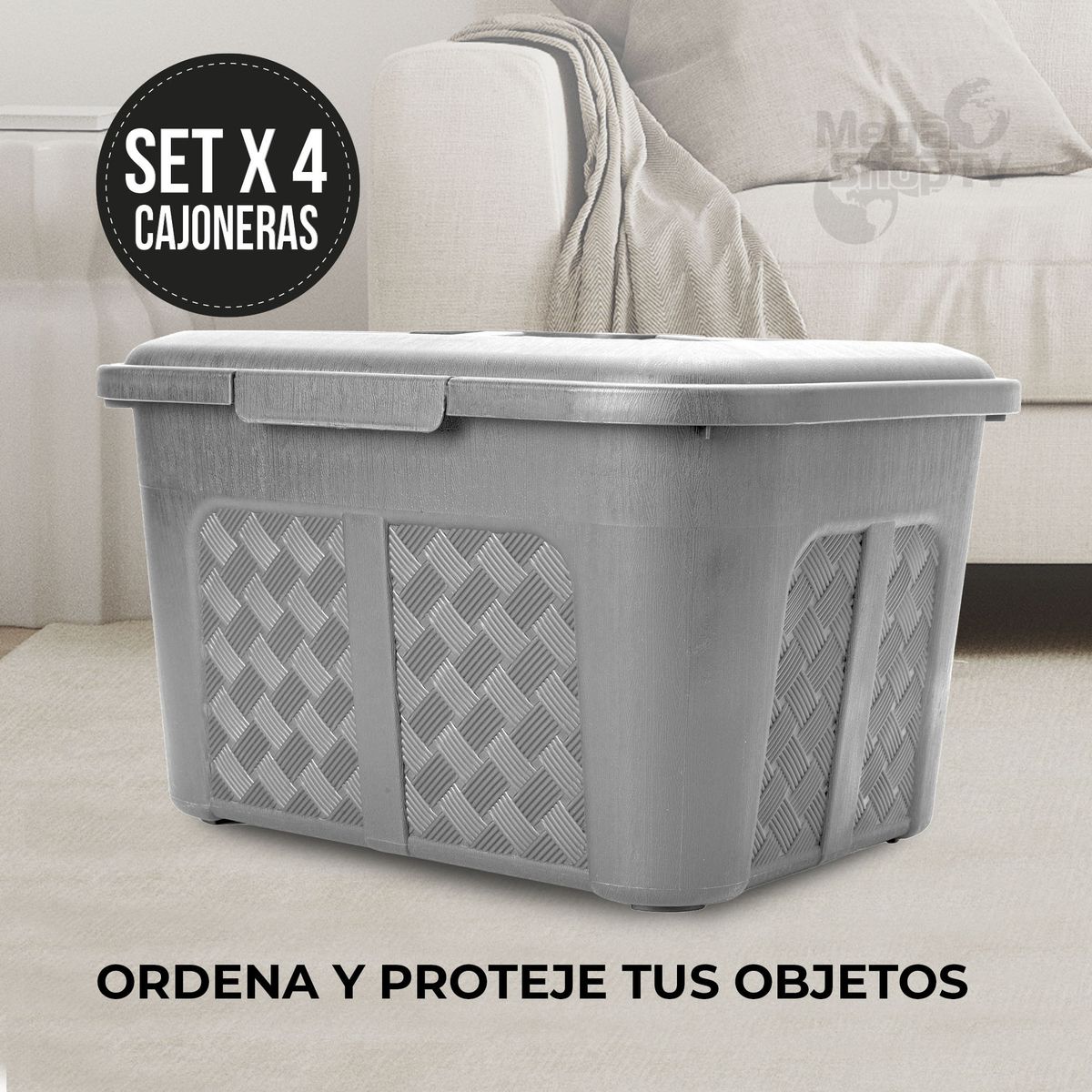 ENERGY PLUS - Set x4 Cajoneras o cajas plásticas organizadoras con tapa 15L Gris