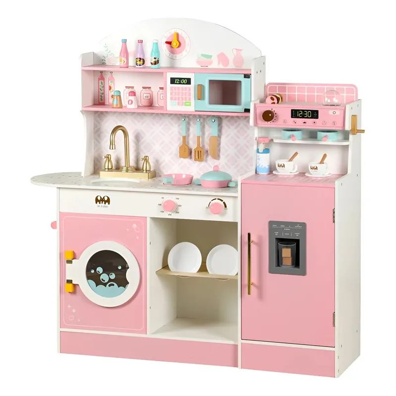 GENERAL - Cocina En Madera Con Nevera Estacion De Cafe Rosa Para Niños