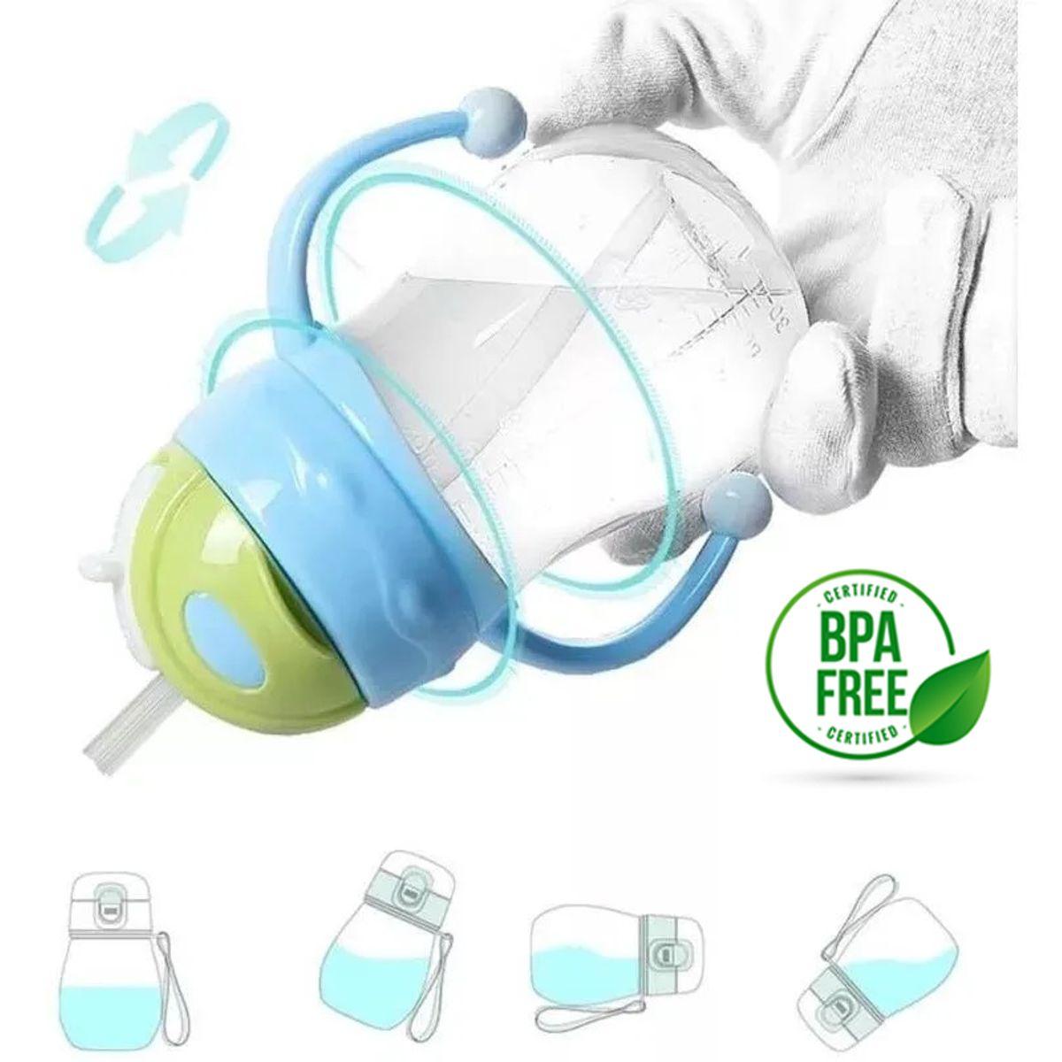 BABY ON - Vaso Pitillo Entrenador Anti-derrame Con Tapa 10 Onzas AZUL