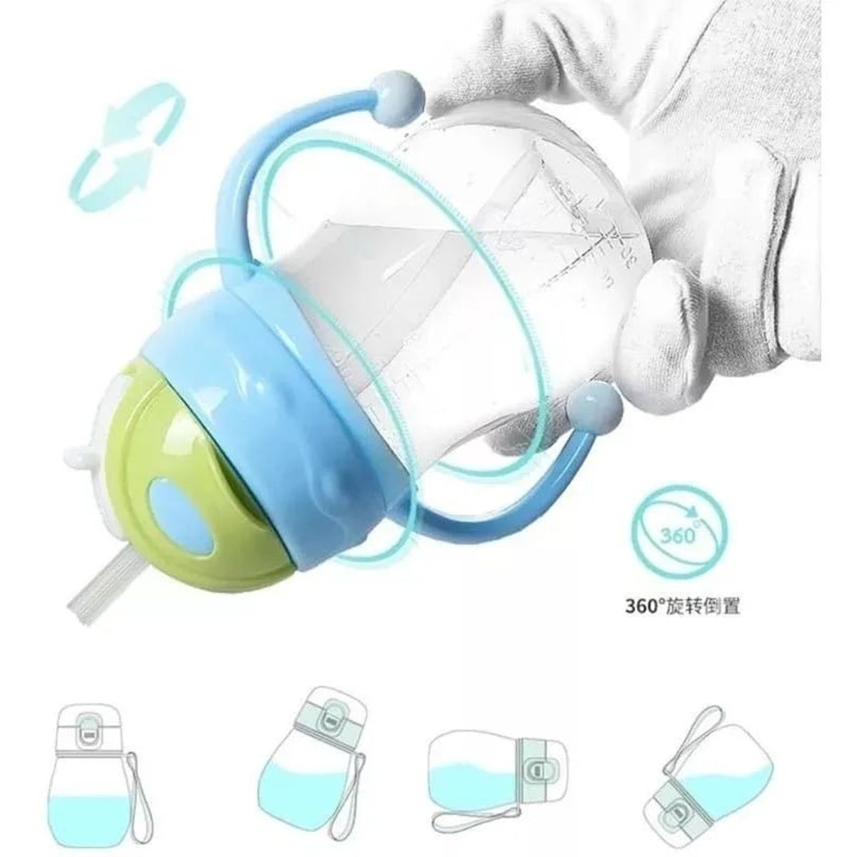 BABY ON - Vaso Pitillo Entrenador Anti-derrame Con Tapa 10 Onzas AZUL