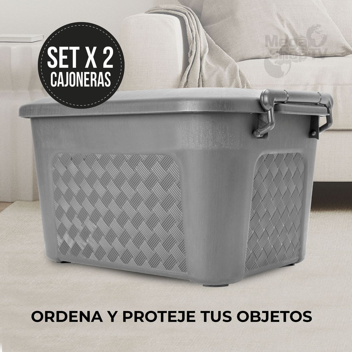 ENERGY PLUS - Set x2 Cajoneras grandes plásticas organizadoras con tapa 40L Gris