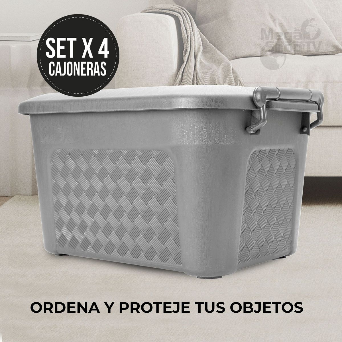 ENERGY PLUS - Set x4 Cajoneras grandes plásticas organizadoras con tapa 40L Gris