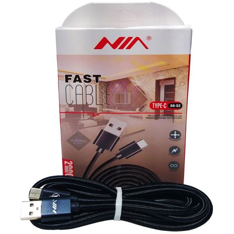 NIA - Cable C.R 2 Metros AN-51 NIA USB-V8 Negro Enmallado Cordón Carga Datos