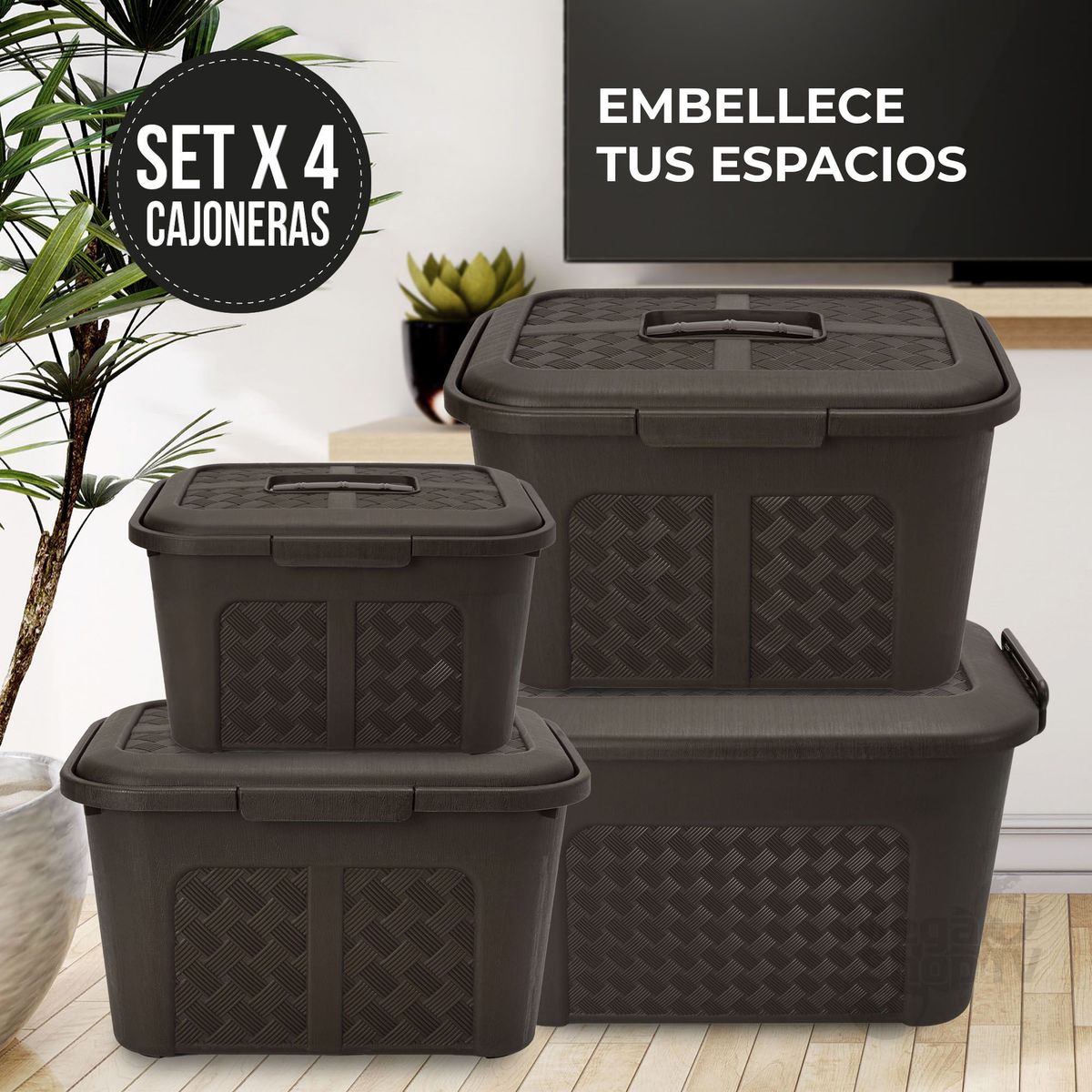 ENERGY PLUS - Set x4 Cajoneras plásticas organizadoras diferentes tamaños Café