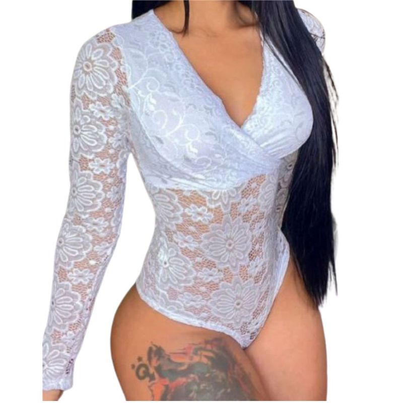 RAINBOW MODA - Body Negro Mangas Encaje Transparente Sexy Lenceria
