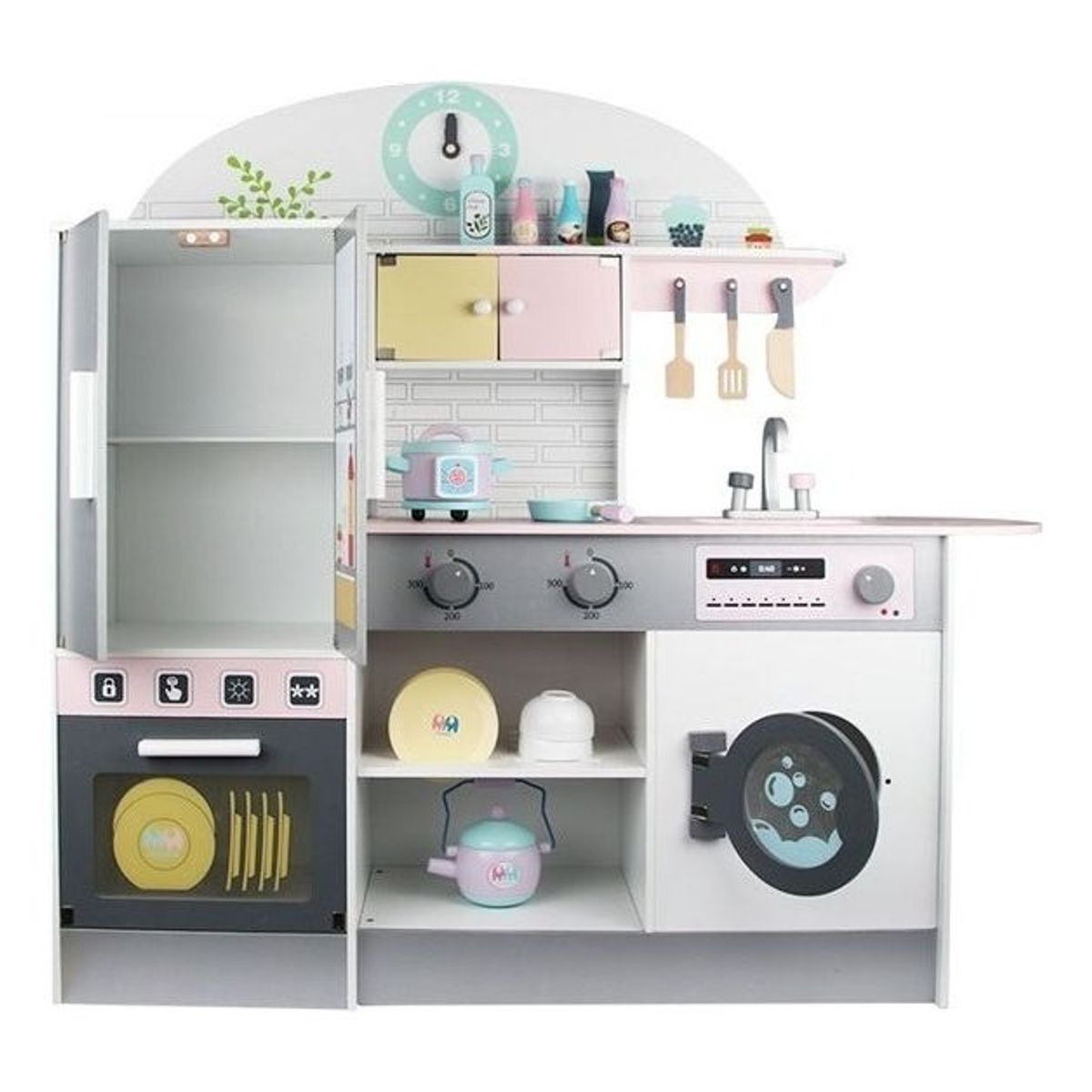 GENERICO - Cocina En Madera Con Nevera Gris Con Accesorios Para Niños
