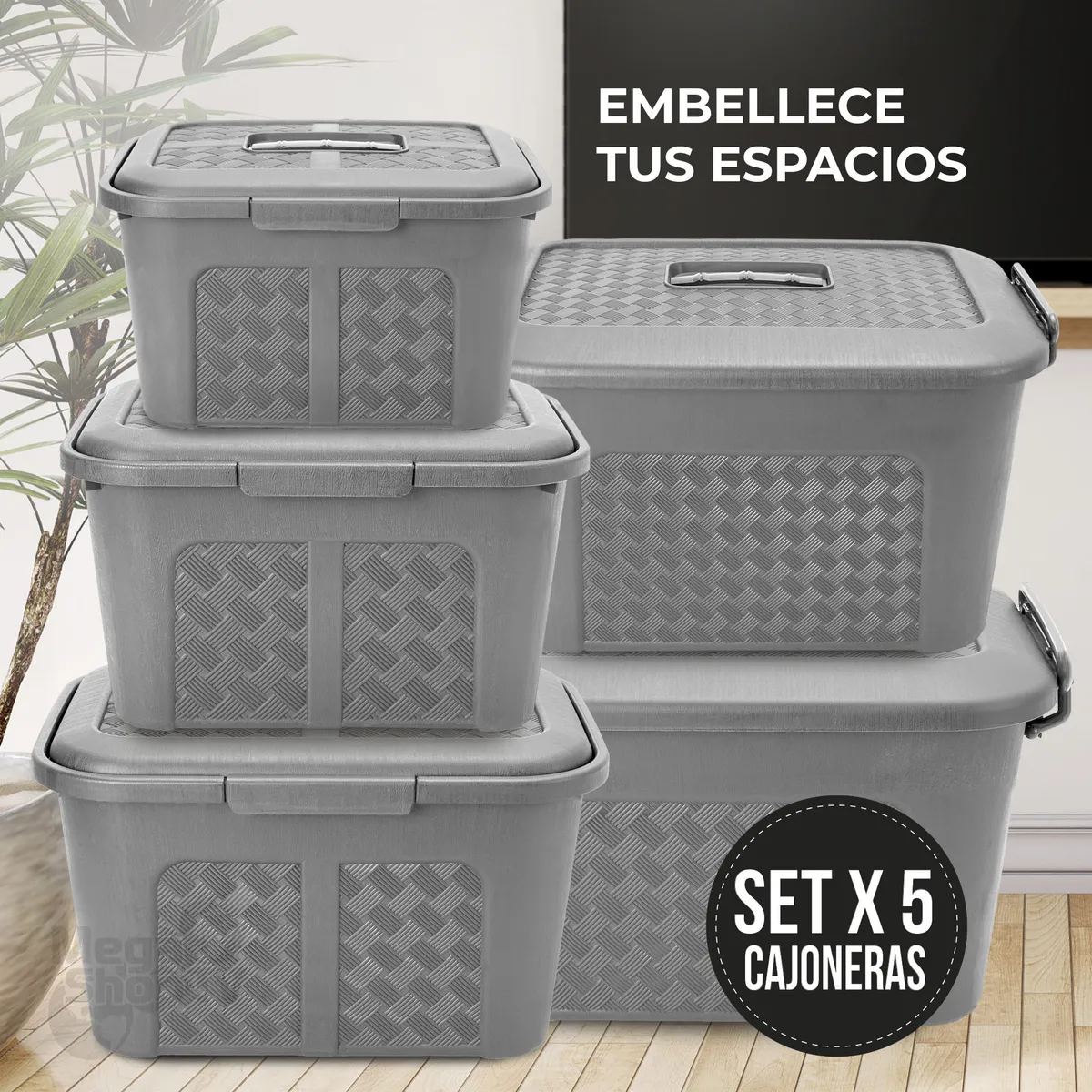 ENERGY PLUS - Set x5 Cajoneras plásticas organizadoras diferentes tamaños Gris