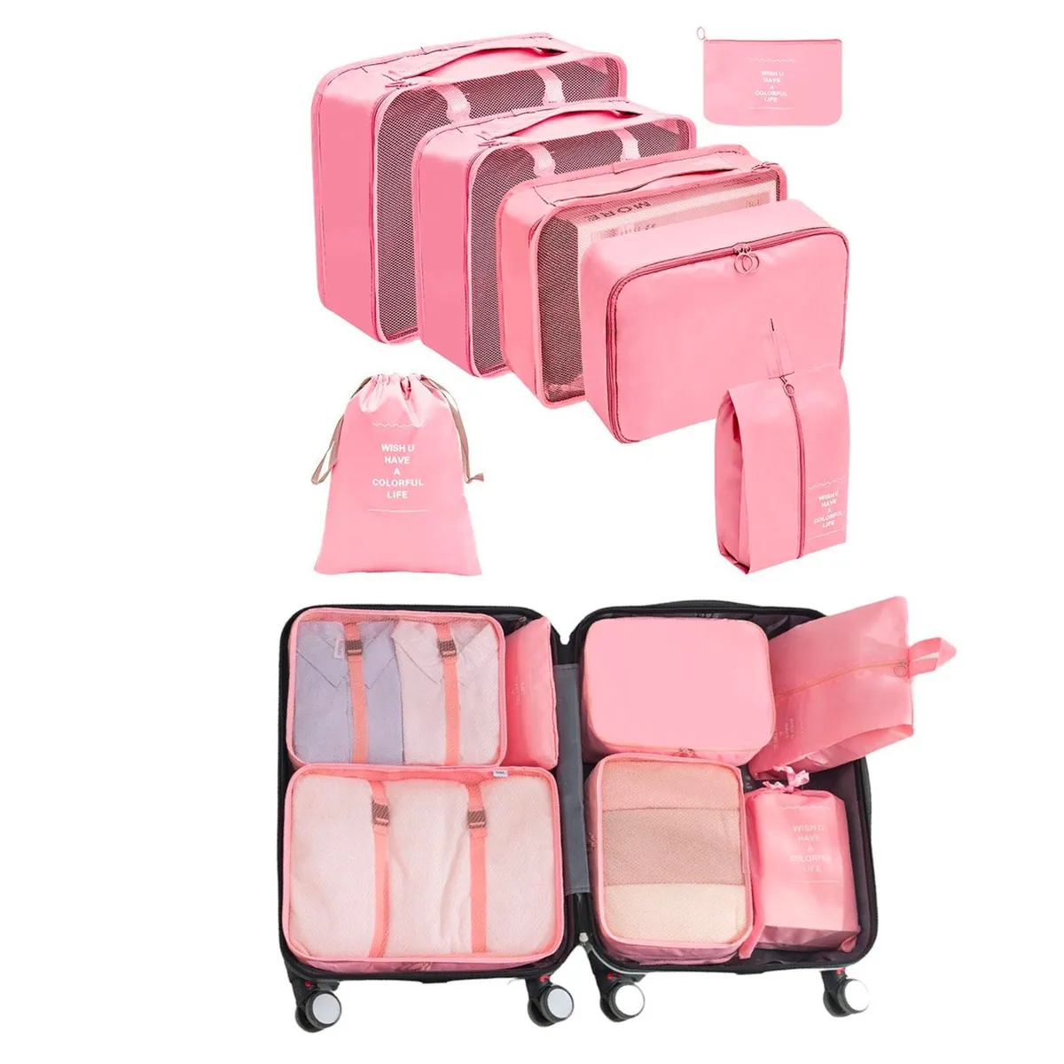 MULTIPLACE COLOMBIA - Organizadores de Viaje Multifuncional Kit X 7 Piezas Rosado-