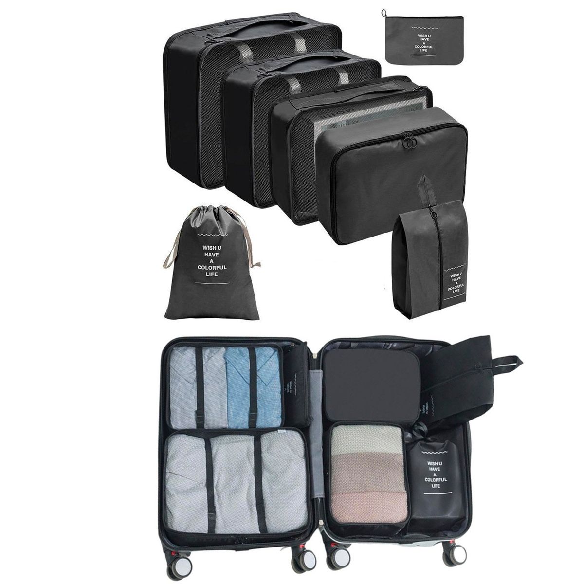 MULTIPLACE COLOMBIA - Organizadores de Viaje Multifuncional Kit X 7 Piezas Negro