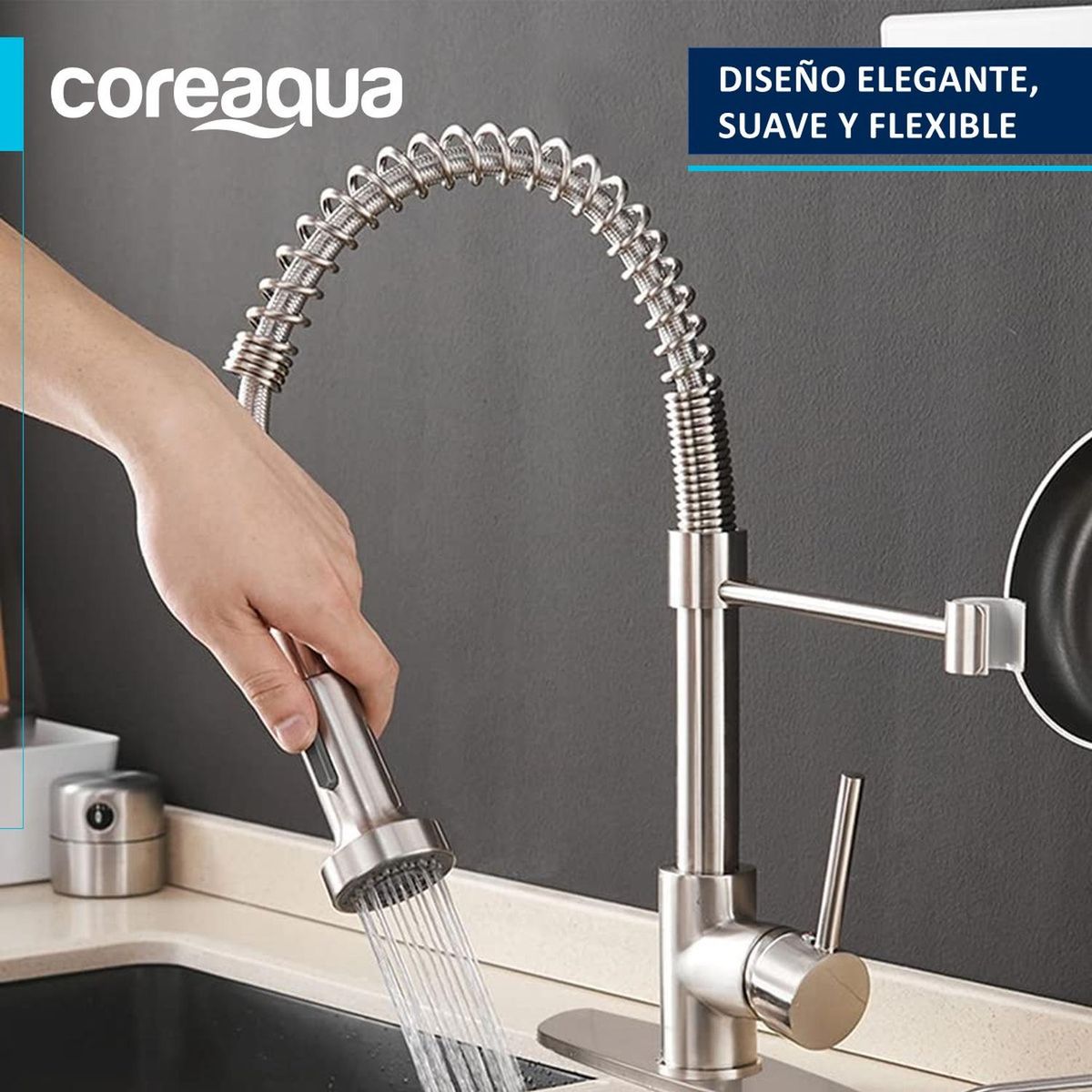 COREAQUA - Llave Monomando Lavaplatos Flex Griferia Cocina Coreaqua - Plateado