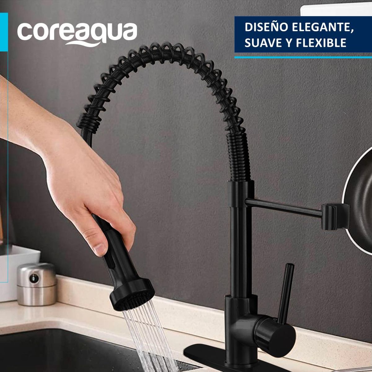 COREAQUA - Llave Monomando Lavaplatos Flex Griferia Cocina Coreaqua - Negro