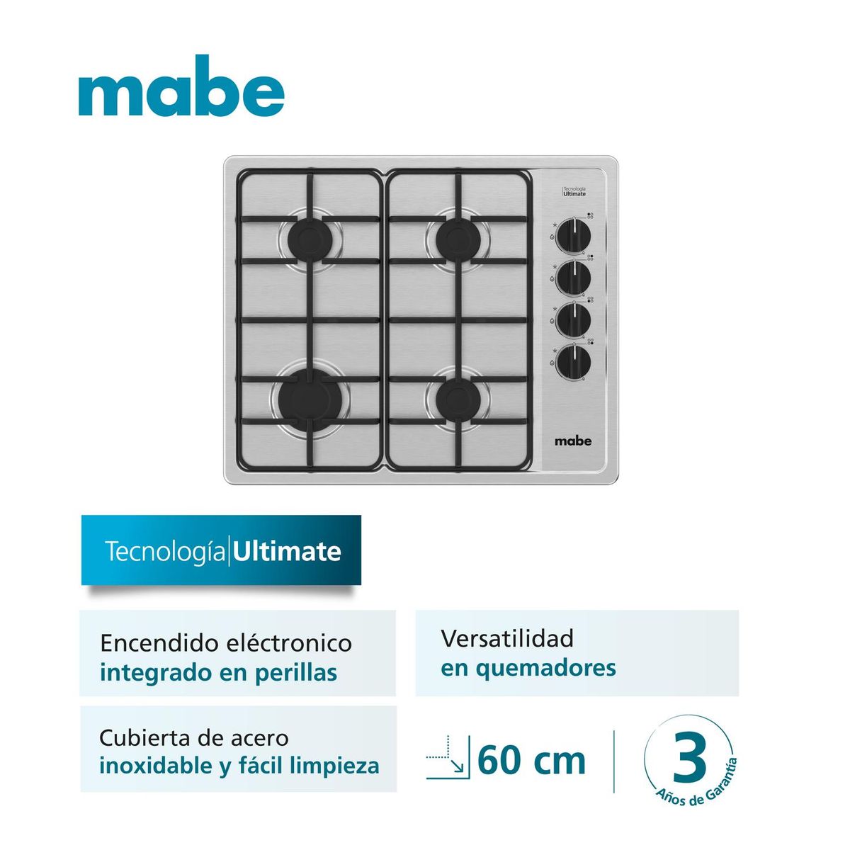 MABE - Cubierta de Empotrar a Gas 60 cm Inoxidable Mabe PM6054NS0