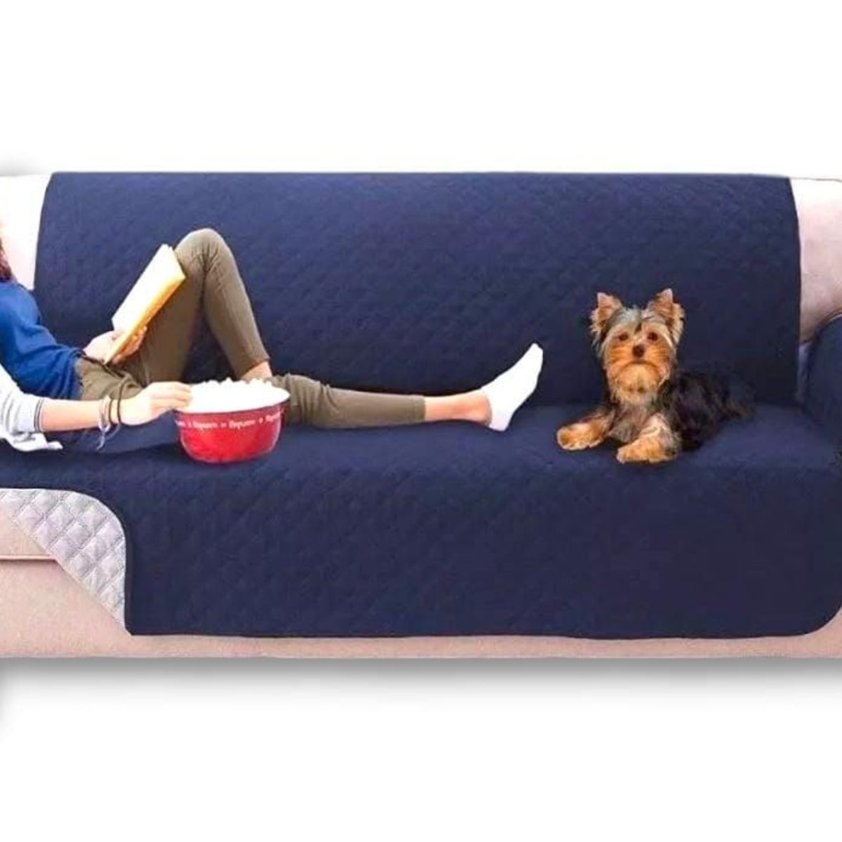 GENERICO - PROTECTOR SOFA FORRO FUNDA DOBLE FAZ  3 PUESTOS AZUL OSCURO / GRIS