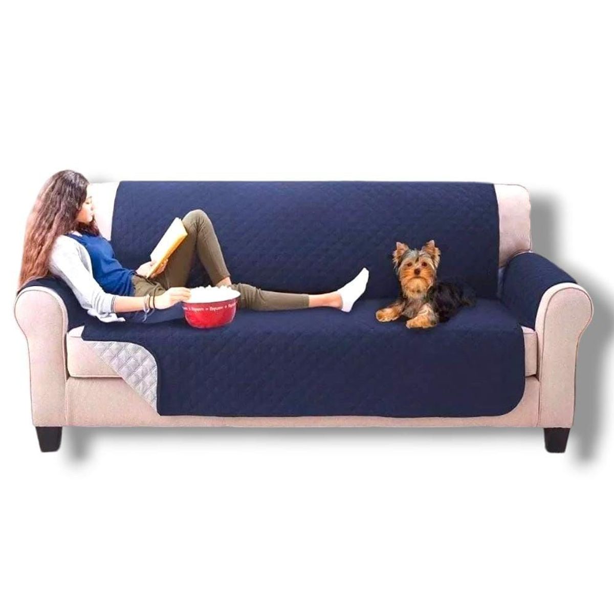 GENERICO - PROTECTOR SOFA FORRO FUNDA DOBLE FAZ  3 PUESTOS AZUL OSCURO / GRIS