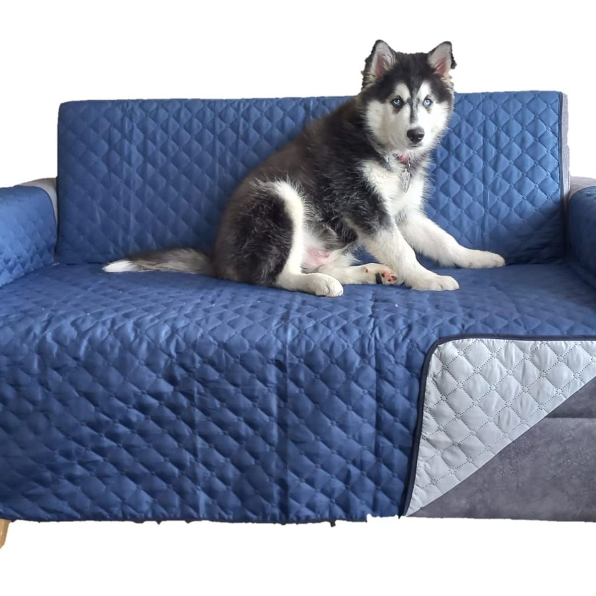 GENERICO - PROTECTOR SOFA FORRO FUNDA DOBLE FAZ  3 PUESTOS AZUL OSCURO / GRIS