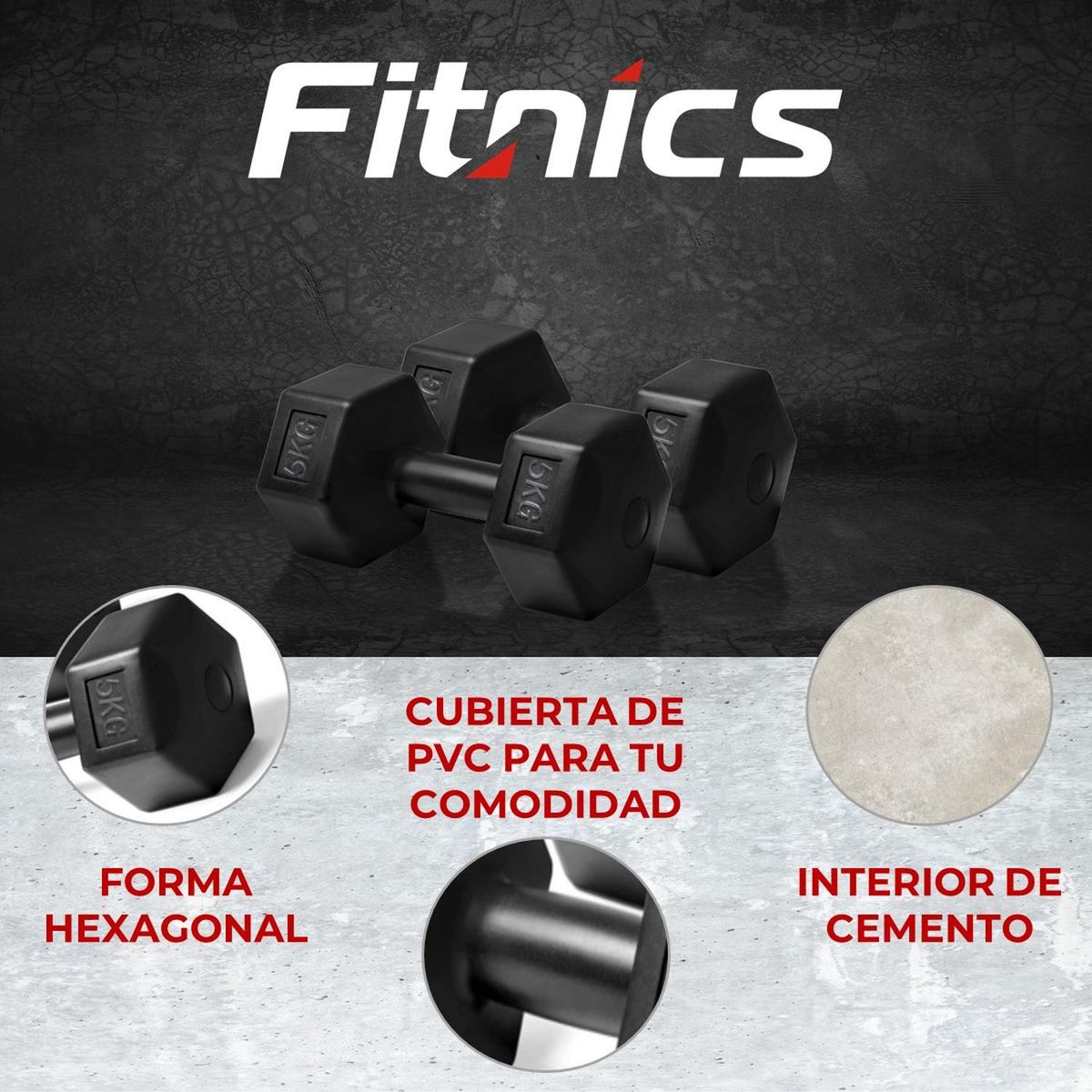 FITNICS - Mancuernas Pesas 5kg C/u 10kg Total Pvc Cementada Set X 2.-