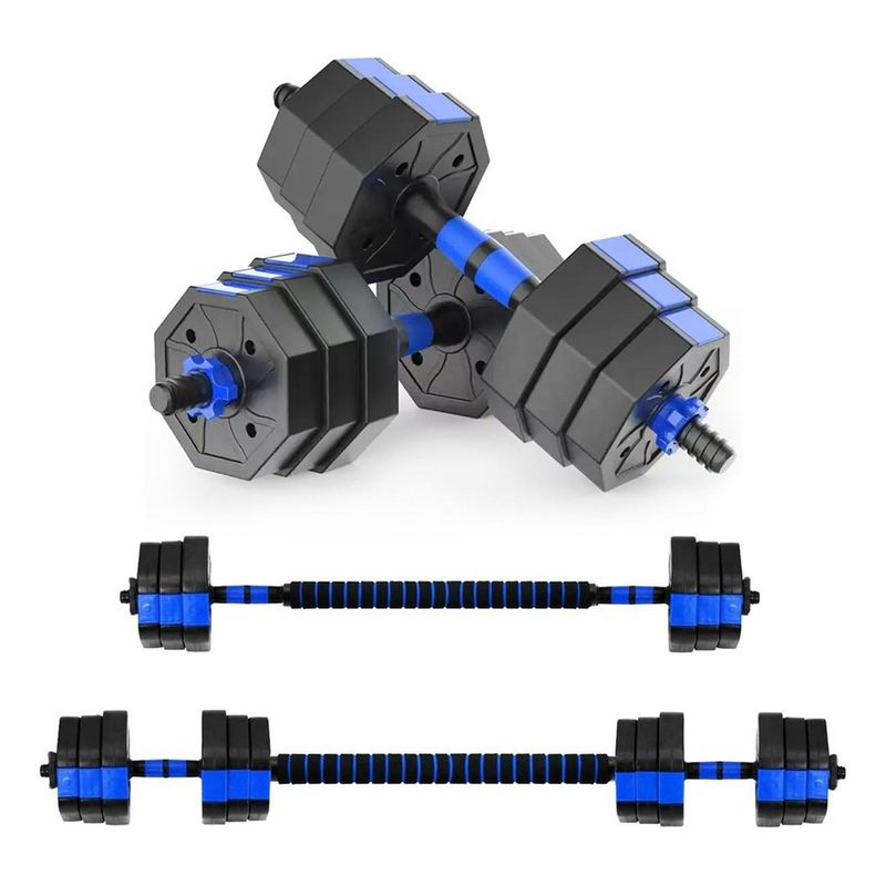 FITNICS - Mancuernas Ajus Set de 20 Kg Total Fitnics 2en1+Barra - Azul