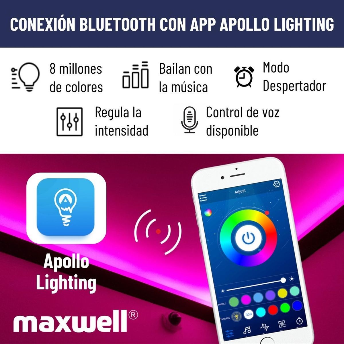 MAXWELL - Cinta Tira Luces Led Rgb Bluetooth 15 Metros Total +conector