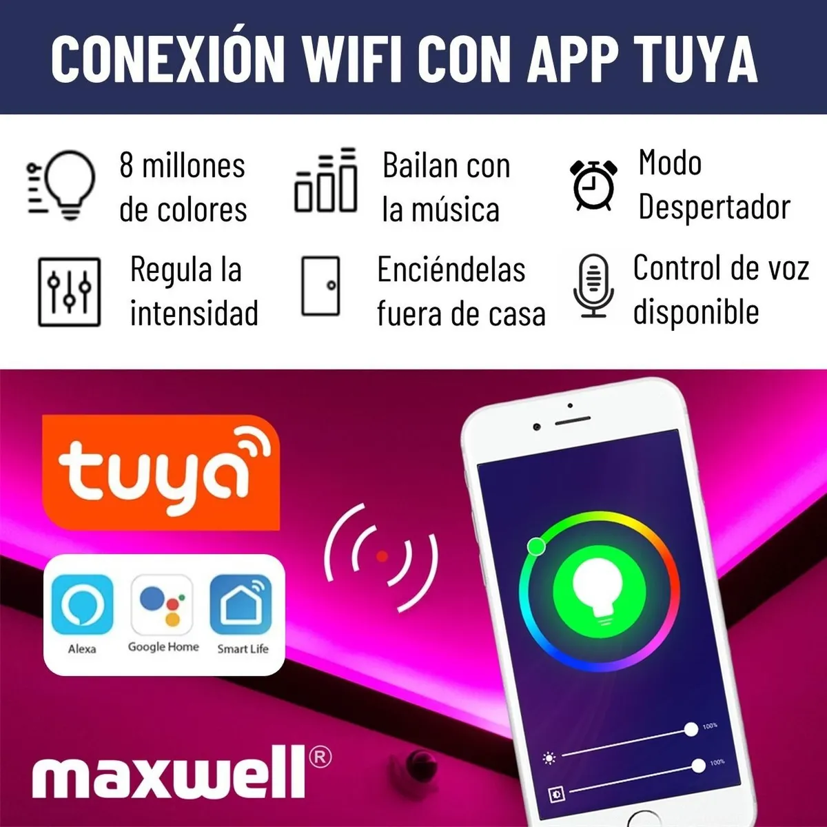 MAXWELL - Cinta Tira Luces Led Rgb Wifi 10 Metros Total App + Conector