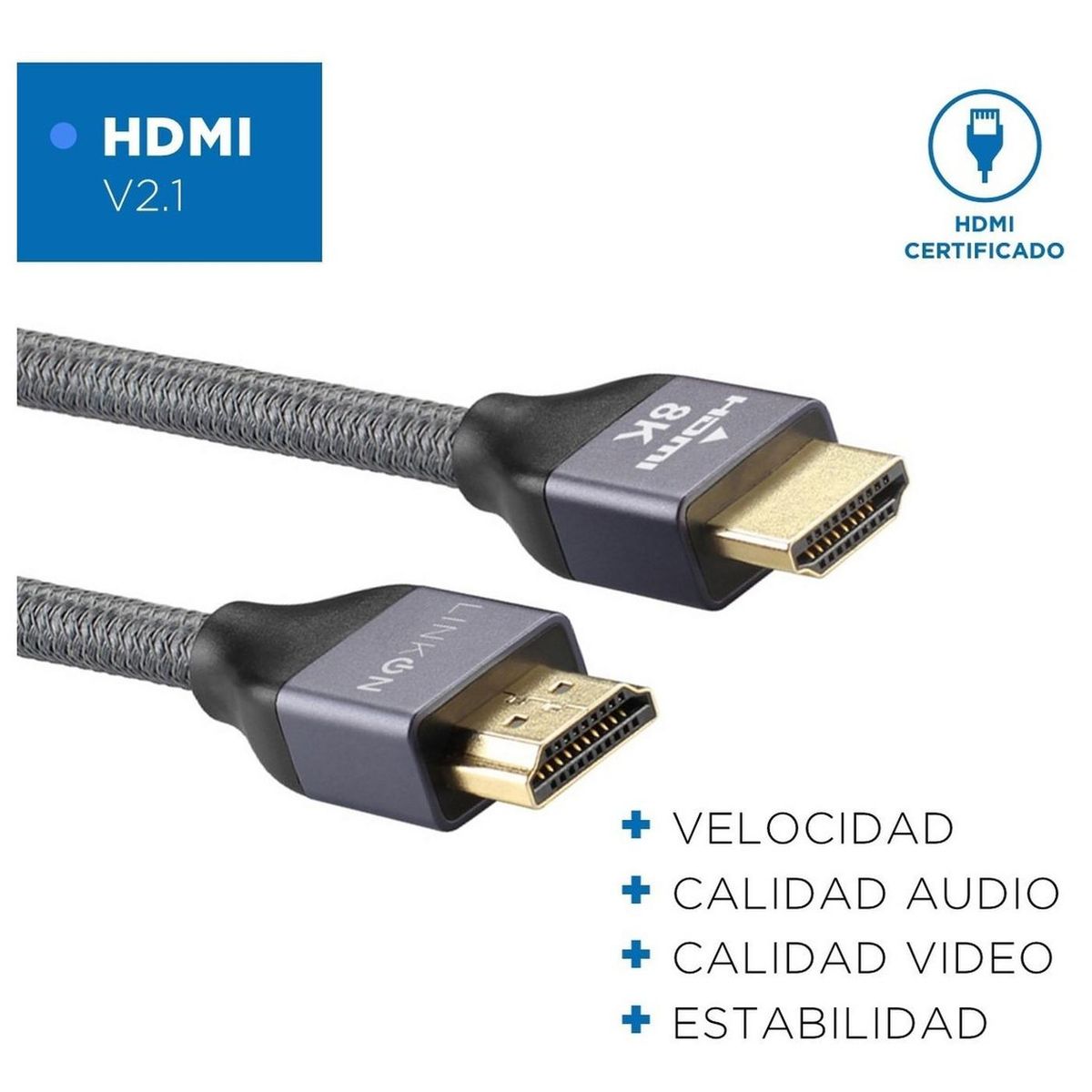 LINKON - Cable Hdmi 8k @60hz, 4k@120hz 48gbps V2.1 Trenzado Oro 2mts