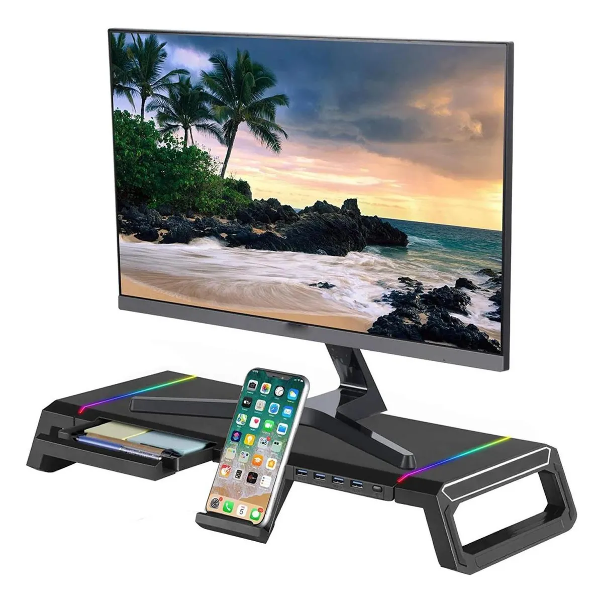 LINKON - Soporte Monitor Rgb Organizador Escritorio Linkon Puerto Usb