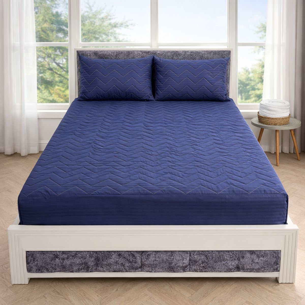 HOGARETO - Protector Acolchado Cama King +2 Fundas De Almohada Azul oscuro