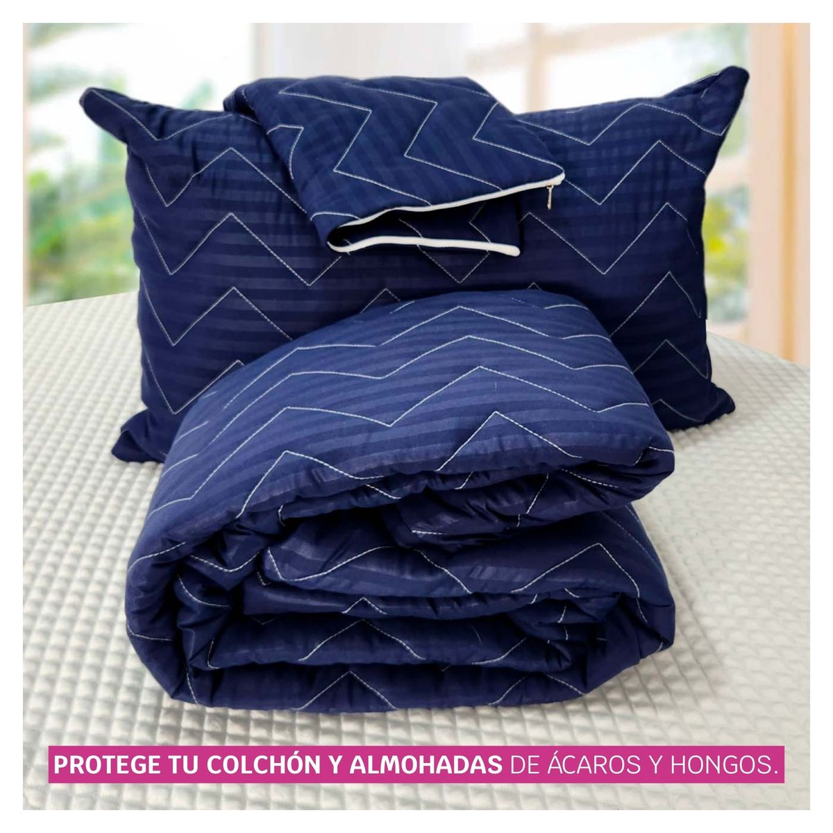 HOGARETO - Protector Acolchado Cama King +2 Fundas De Almohada Azul oscuro