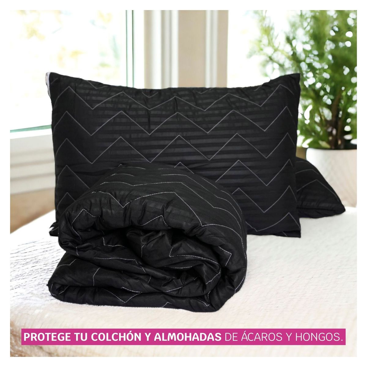 HOGARETO - Protector Colchón Negro Cama Doble 140x190cm + 2 Fundas Acolchada.