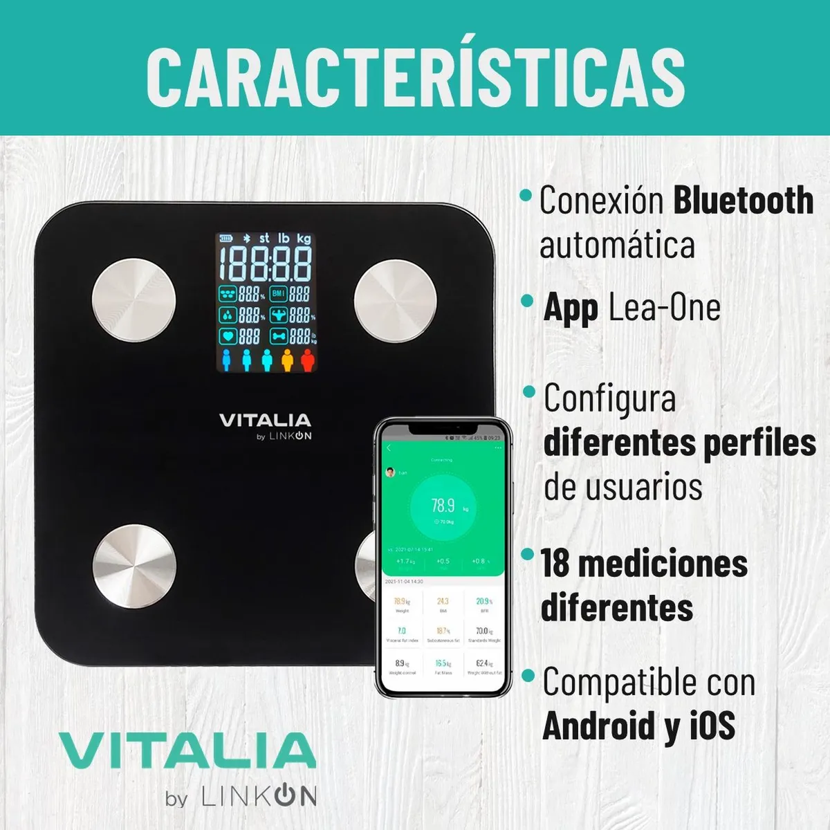 CASATUA - Bascula Pesa Digital Baño Bluetooth App Inteligente Vitalia-