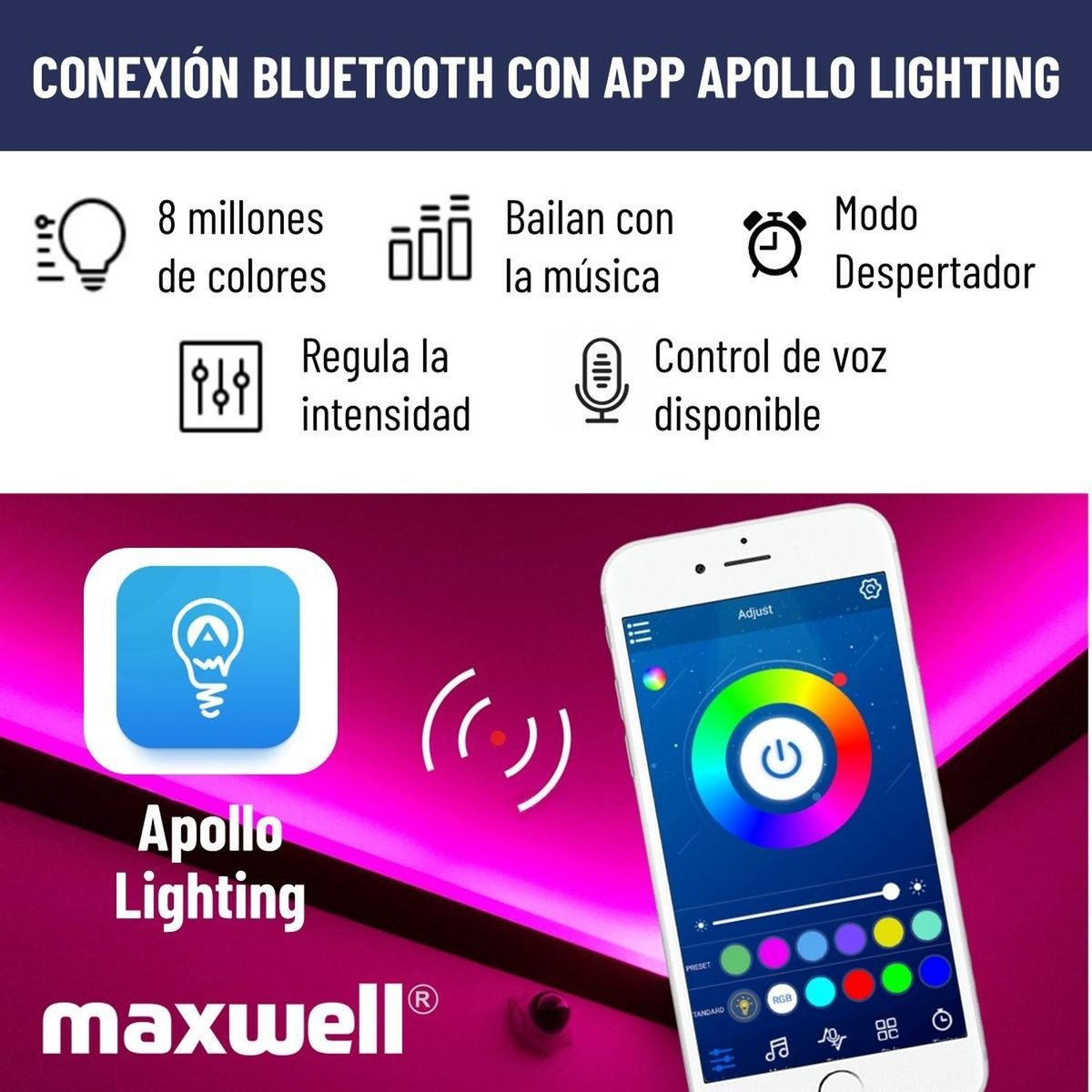 MAXWELL - Cinta Tira Luces Led Rgb Bluetooth 10 Metros Total +conector