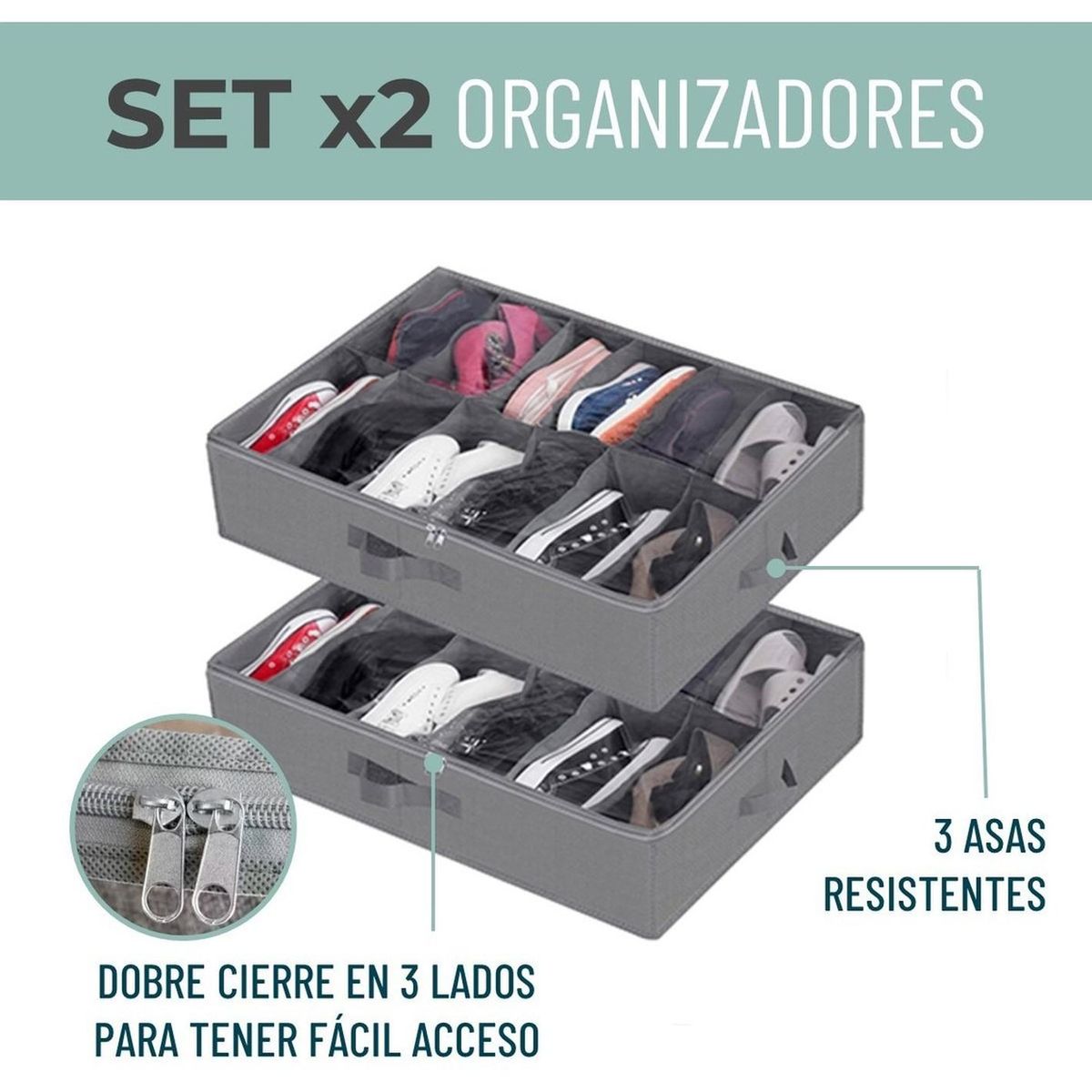 CASATUA - Organizador De Zapatos Almacenamiento Bajo Cama Zapatero X2 - Gris - 24 Pares