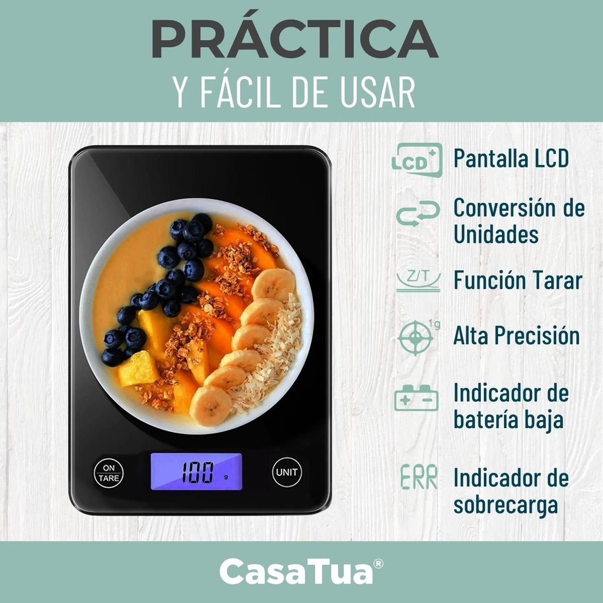 CASATUA - Balanza Bascula Digital Cocina Gramera Cubierta Vidrio 5 Kgs-
