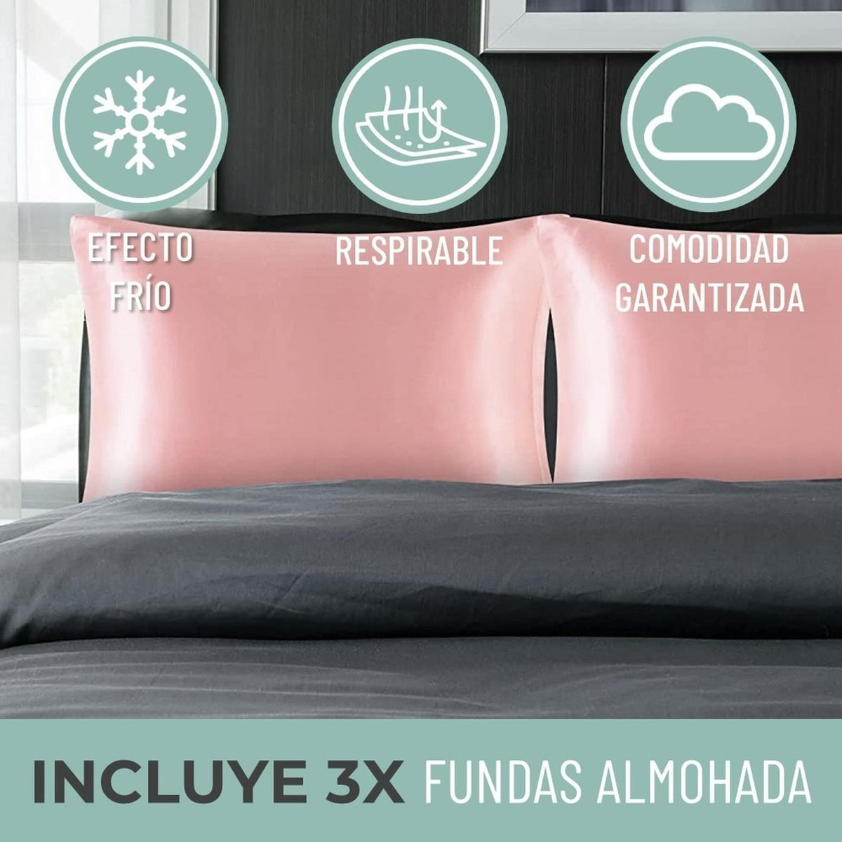 CASATUA - Funda Almohada Satin Tipo Seda Set 3 Unidades 50x76cm - Rosa - 76x50