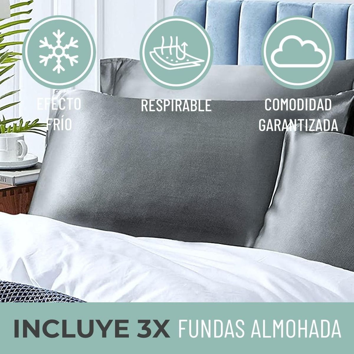 CASATUA - Funda Almohada Satin Tipo Seda Set 3 Unidades 50x76cm - Gris - 76x50