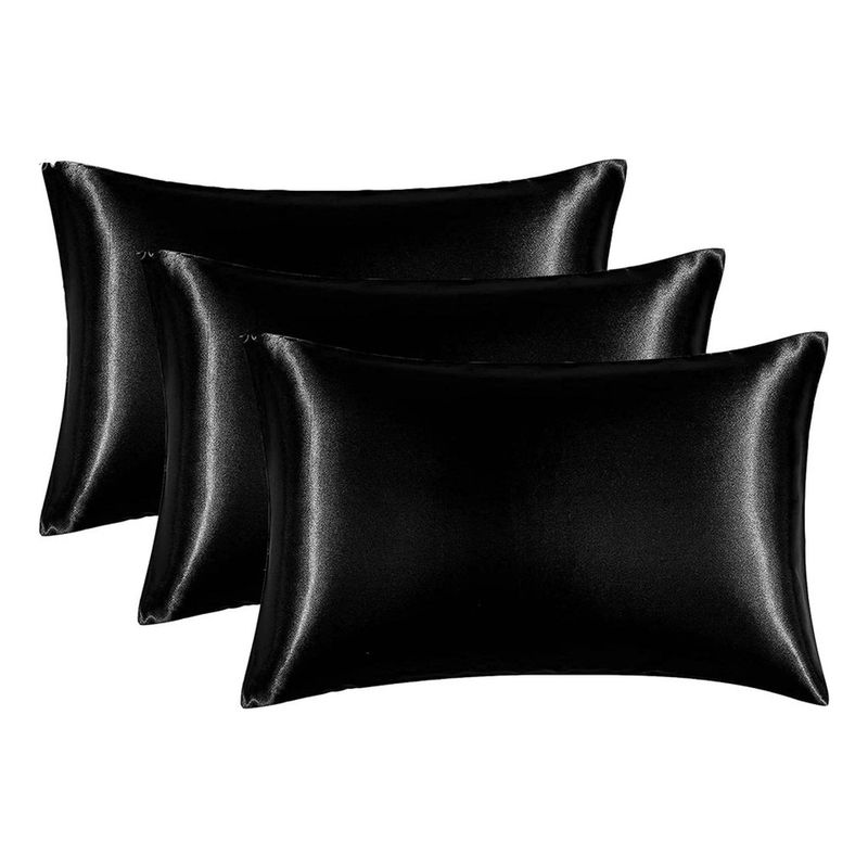 CASATUA - Funda Almohada Satin Tipo Seda Set 3 Unidades 50x76cm - Negro - 76x50