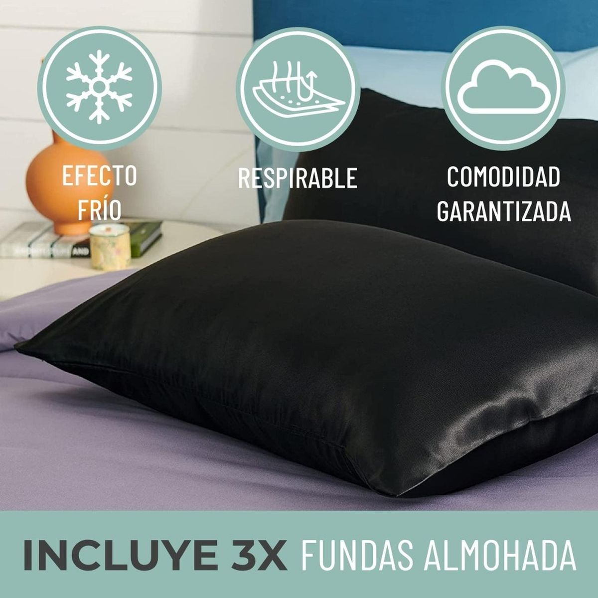 CASATUA - Funda Almohada Satin Tipo Seda Set 3 Unidades 50x76cm - Negro - 76x50