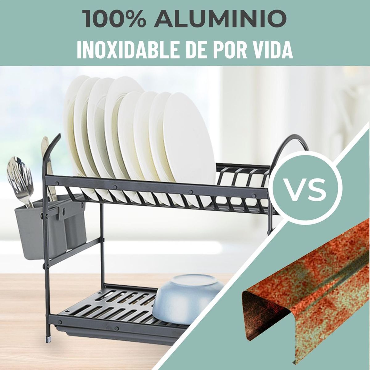 CASATUA - Escurridor Platos Platero 2 Niveles Aluminio 100% Inoxidable - Negro-