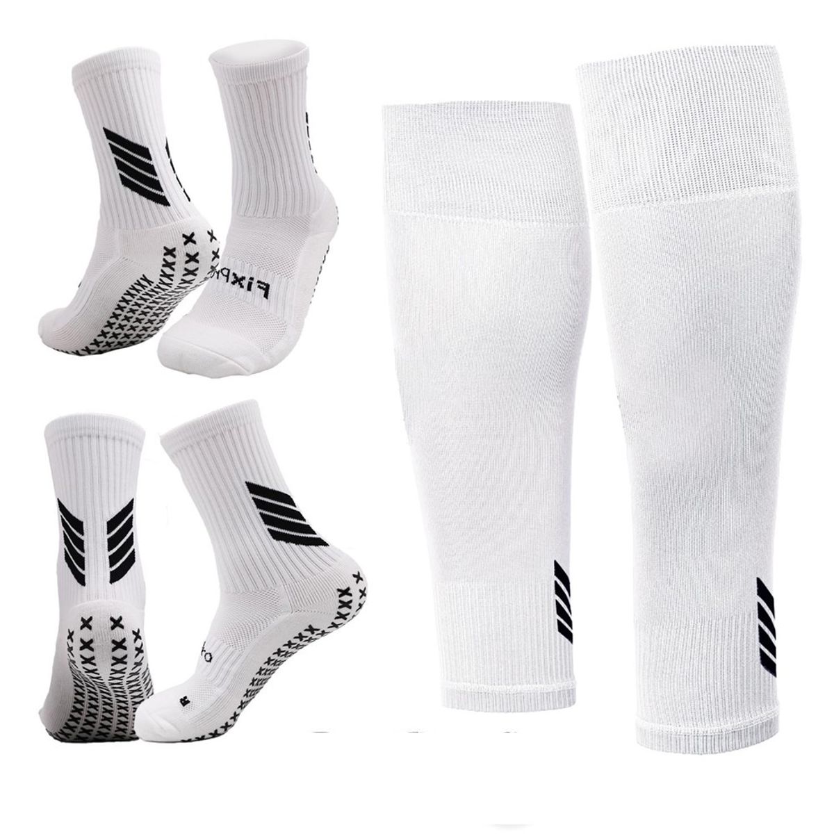 FITNICS - Medias Futbol Niños Antideslizante Set 2 + 1 Pantorrillera - Blanco